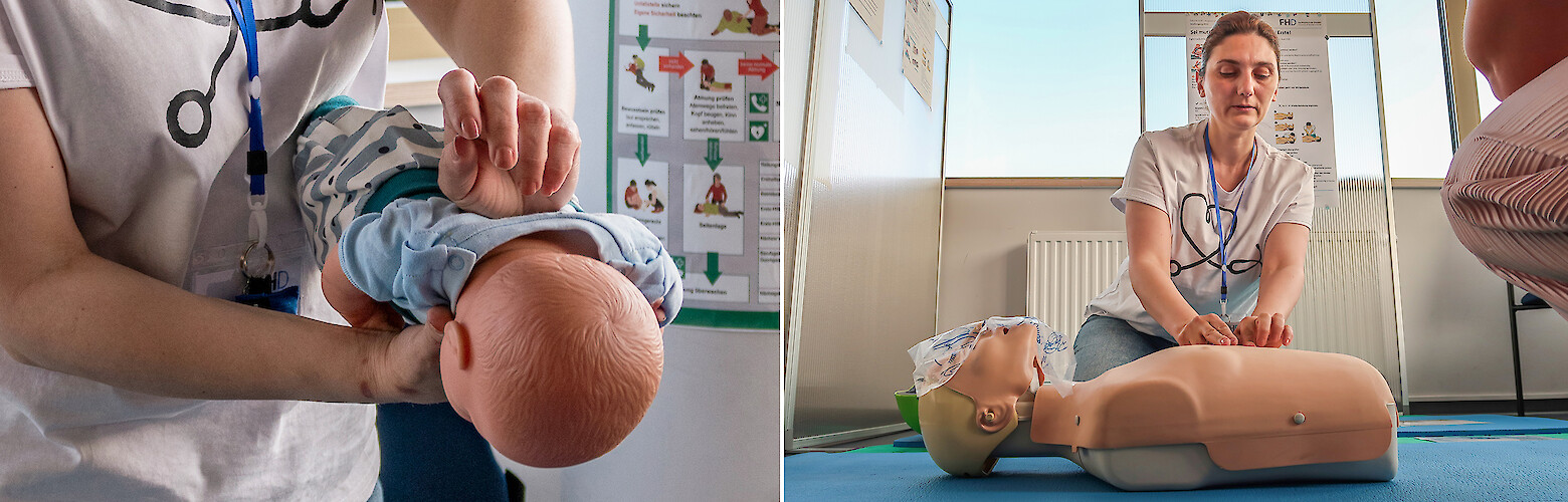 Hands-on nursing pedagogy: student practises CPR on simulation mannequins in the part-time bachelor programme.
