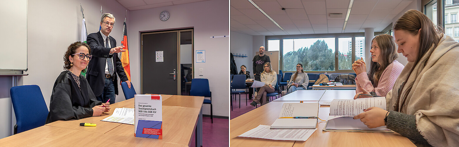 Lernsituation an der Fachhochschule Dresden: Studierende stellen eine Gerichtsverhandlung im Sozialrecht nach.